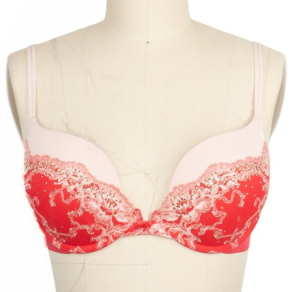 Victoria’s Secret Very Sexy Plunge Bra 34D Blush & Red Lace Rhinestone Push-Up - Picture 1 of 11